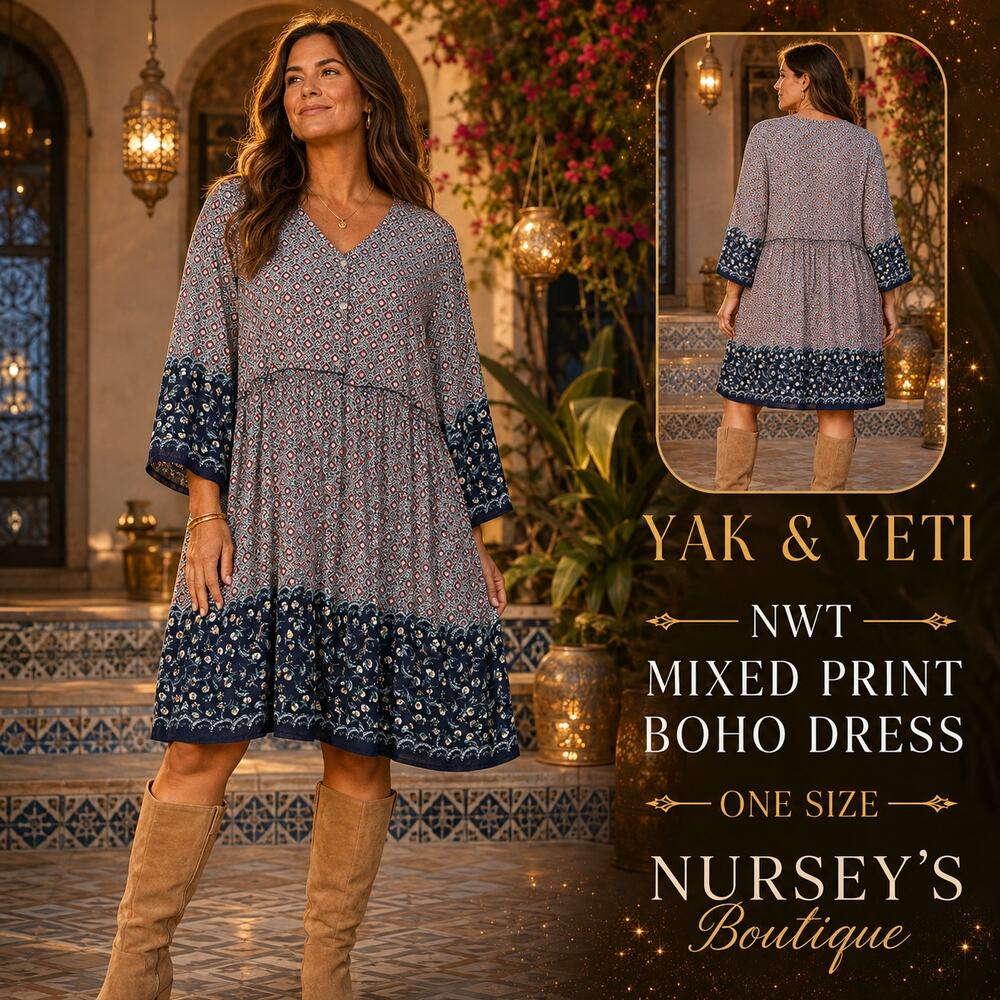 NWT Yak & Yeti Mixed Print Boho Babydoll Tunic Dress One Size Rayon